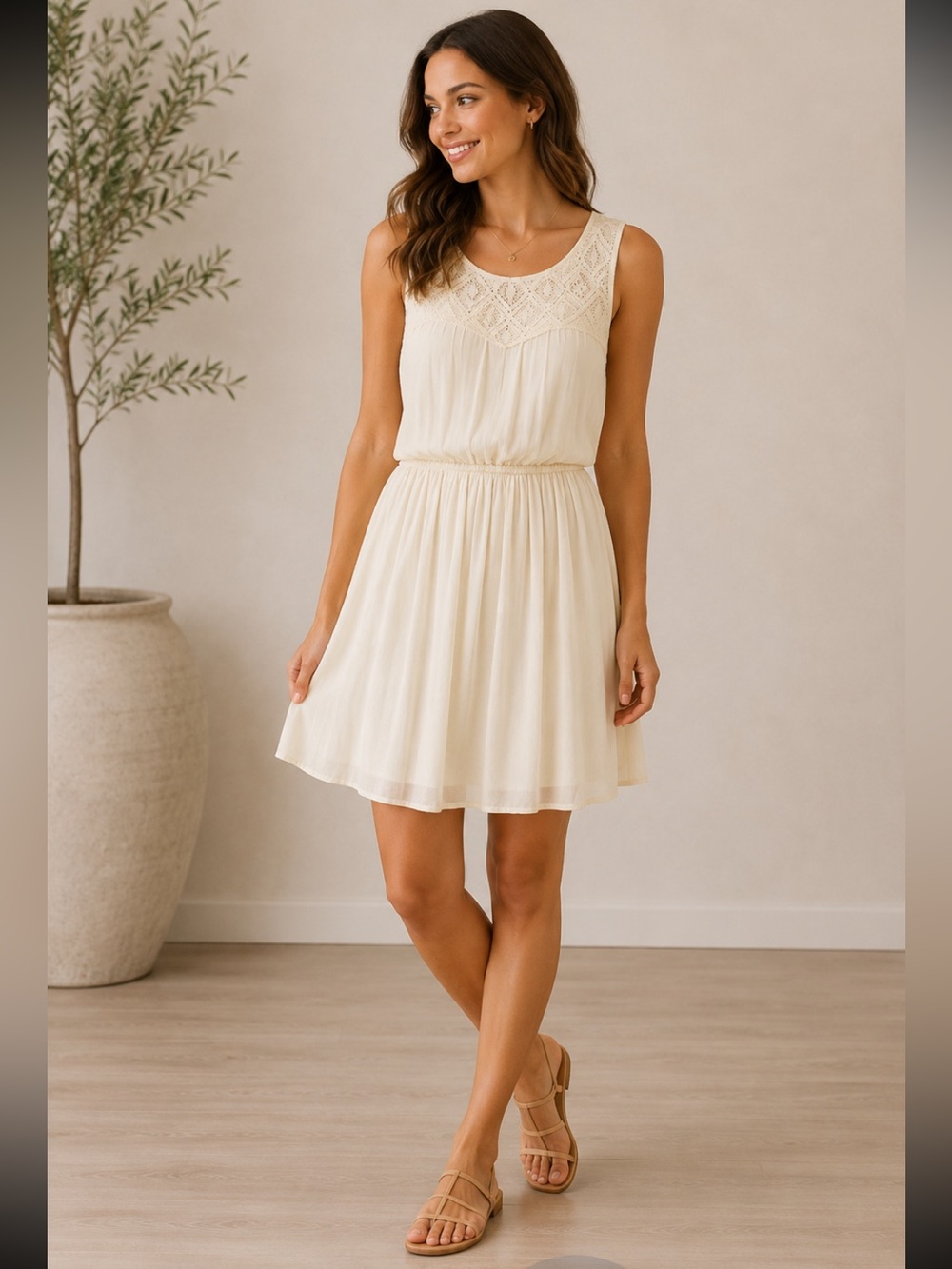 Red Camel Cream Lace Yoke Sleeveless Fit-and-Flare Dress